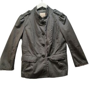 Loft Jacket Gray Ruffle Detail Button Up w Pockets Womens size 6 Petite